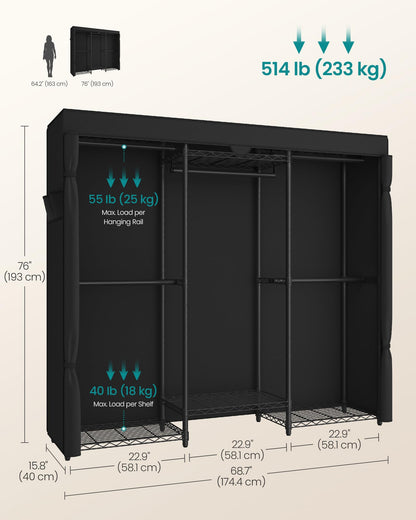 SONGMICS Heavy-Duty Clothes Rack, Garment Rack, Portable Closet, 68.7-Inch Wide Clothing Rack with Adjustable Mesh Shelves and Hanging Rails, Ink Black ULGR435B01