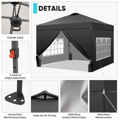 GDY 10x10 Pop Up Canopy Tent with 4 Sidewalls, Easy Set up with One Push Lift Outdoor Silver Coated Beach Gazebos, Carpas with 4 Sandbags, for Events, Parties,Camping, Black.