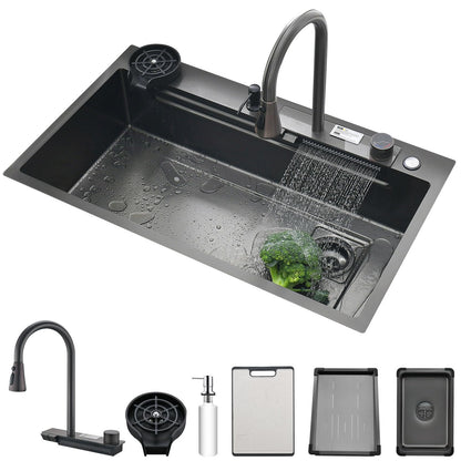 Nano Black Kitchen Single Bowl Sink Stainless Steel Waterfall Sink with Double button Pull-Out Tap,rain Basket,Cup washer, cutting board, vegetable washing basin (BLACK, 30X18")