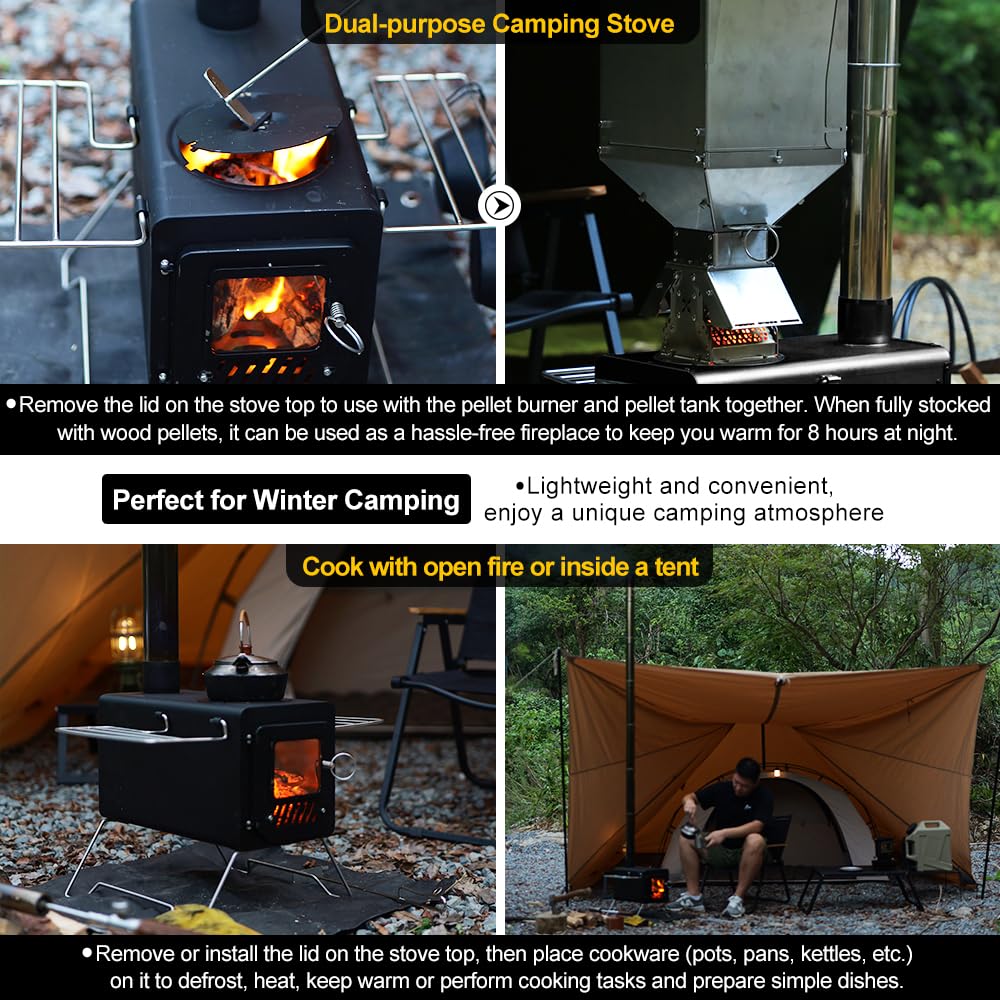 Soomloom Firewood Stove PROTO Heat-Resistant Paint Camping Pellets Combi Carbon Steel Compact Tent Cooking Barbecue BBQ Campfire Chimney Portable Camp Outdoor Heating Hybrid Stove