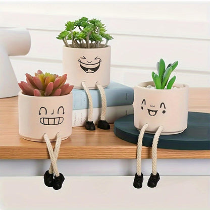 KAKAHOUS Smile Face Planter Pot Ceramic Flower Head Planters with Hanging Foot Doll Succulent Pots for String of Pearls Plant Live Gift Ideas for Mother, Christmas(Laughing)