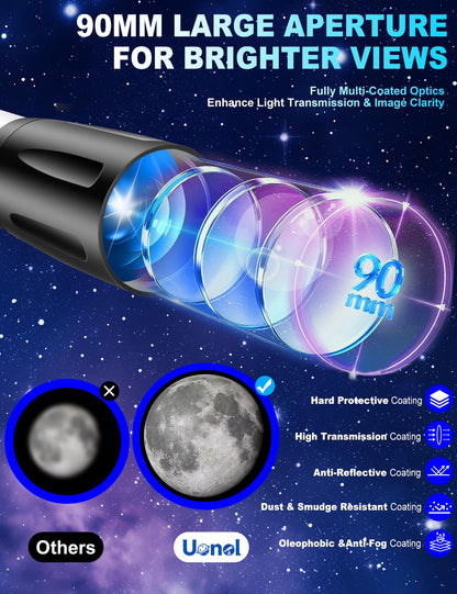 Uonol Telescope for Adults High Powered 90mm Aperture 800mm (32X-240X), Refractor Telescopes for Astronomy Beginners with AZ Mount Tripod, Phone Adapter, Carry Bag (80090white)