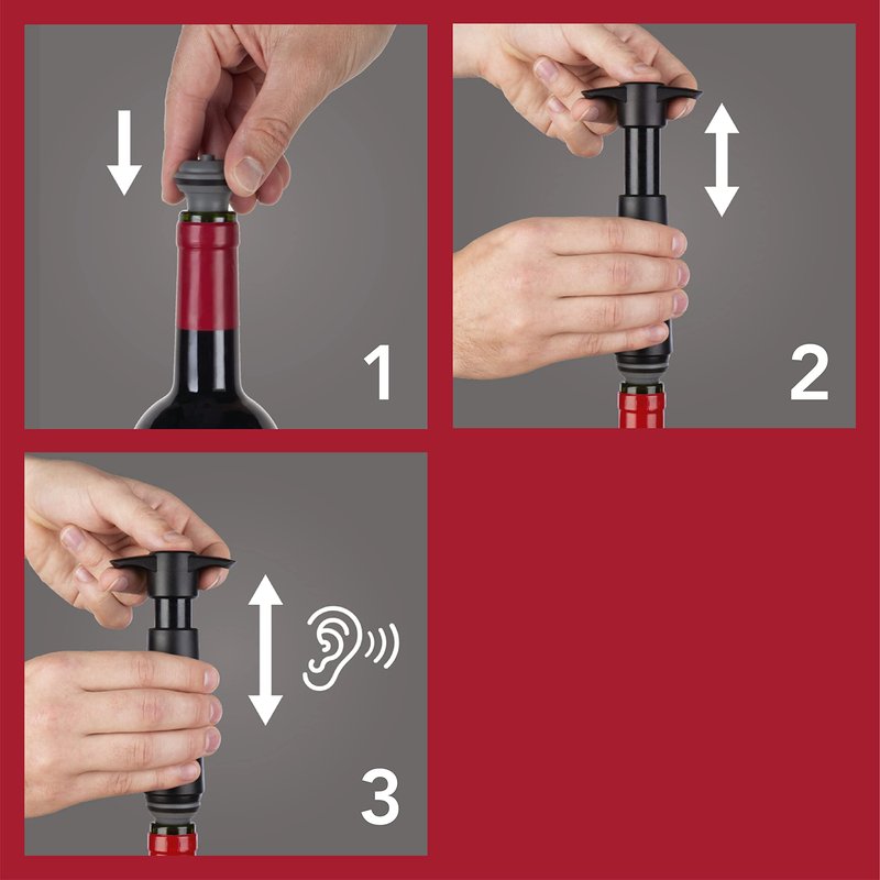Vacu Vin Wine Saver Pump Red with Vacuum Wine Stopper - Keep Your Wine Fresh for up to 10 Days - 1 Pump 2 Stoppers - Reusable - Made in the Netherlands