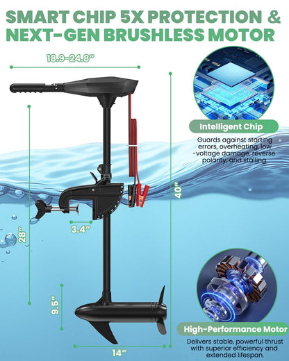 Saltwater Trolling Motor for Kayak Fishing - 56lb Thrust, 12V Brushless Copper Motor with LED Display, 5 Speed Forward, Telescoping Handle, Anti-Tangle Prop, 5X Smart Protection