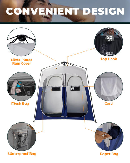 KingCamp Instant Shower Tent, Portable Superior Stable Privacy Shelter, 2 Large Rooms Outdoor Toilet Tent with Floor for Beach, Camping & Hiking, Setup in Under 60s