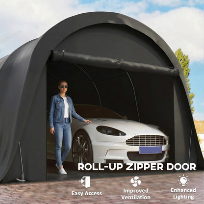 Outsunny 12' x 23.6' Heavy Duty Carport, Portable Garage Car Canopy Tent with UPF50+ Sun Protection, Galvanized Frame, Large Roll-Up Door for Cars, Trucks, Boats, Motorcycle, Bike, Dark Gray