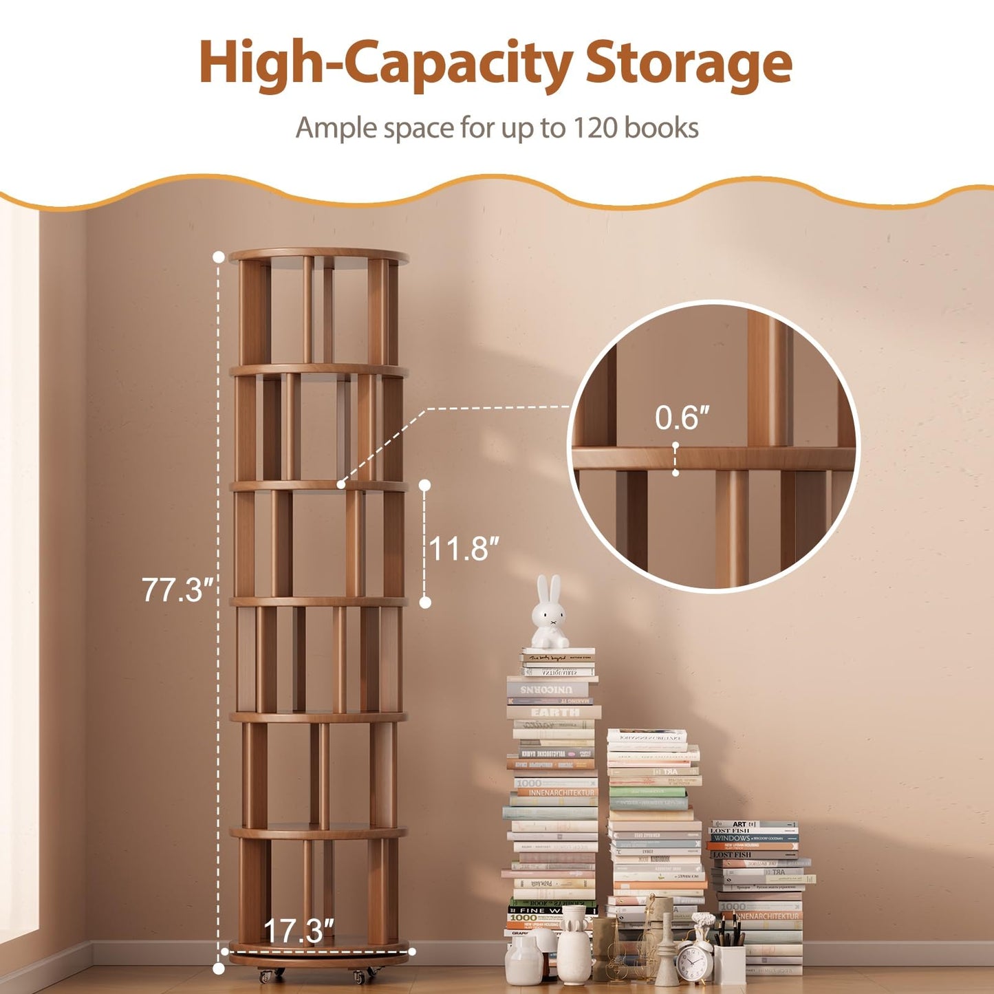 Muwuele 6 Tier Rotating Bookshelf Tower, Solid Wood Bookshelf on Wheels, Circular Book Shelf Rotating, Revolving Bookcase for Small Spaces, Corner Book Case, Spinning Book Shelf for Bedroom, Walnut