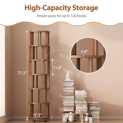 Muwuele 6 Tier Rotating Bookshelf Tower, Solid Wood Bookshelf on Wheels, Circular Book Shelf Rotating, Revolving Bookcase for Small Spaces, Corner Book Case, Spinning Book Shelf for Bedroom, Walnut