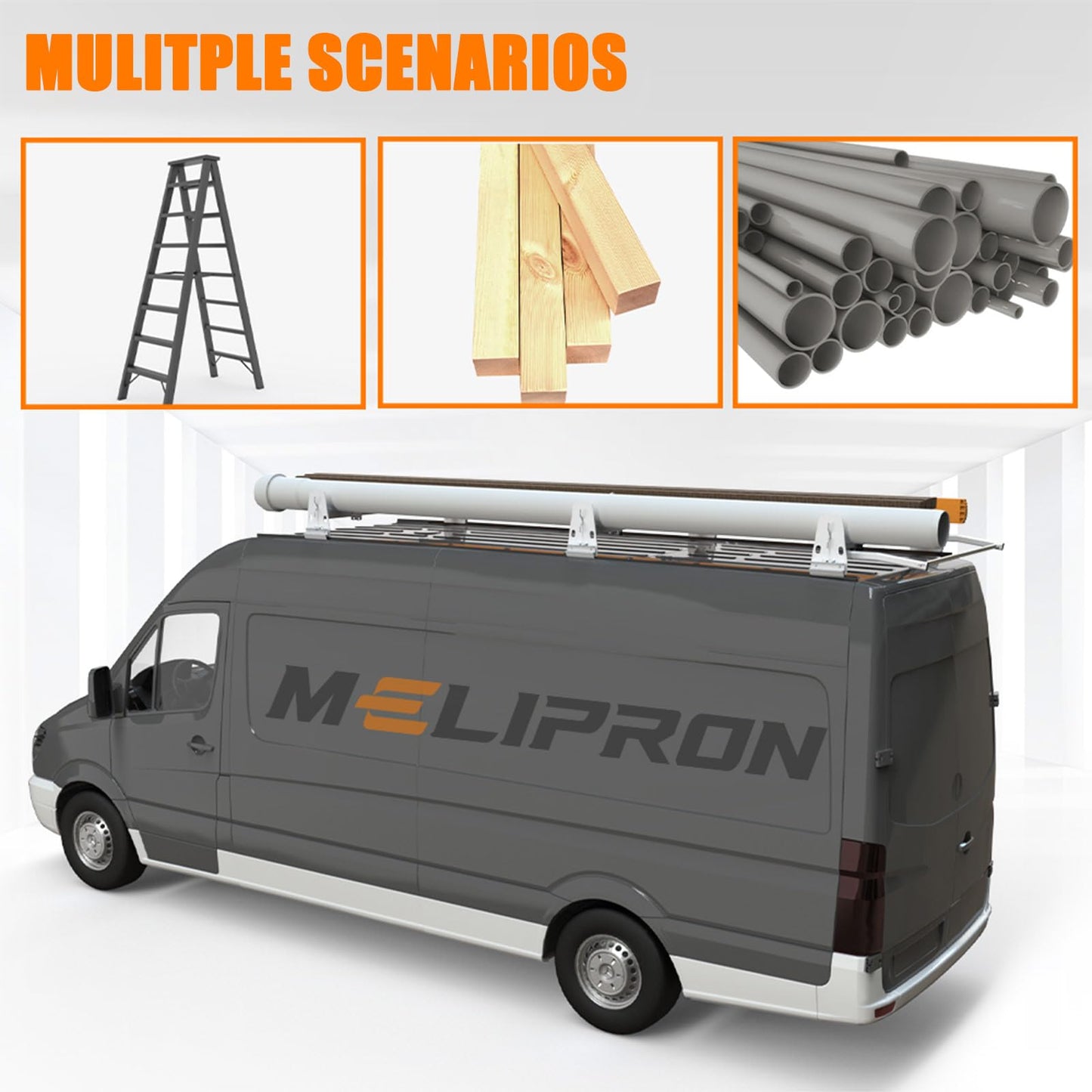 MELIPRON 800 lbs Van Roof Rack Fit for Chevy Express 1500 2500 3500, GMC Savana Cargo Van Ladder Rack with Rear Roller