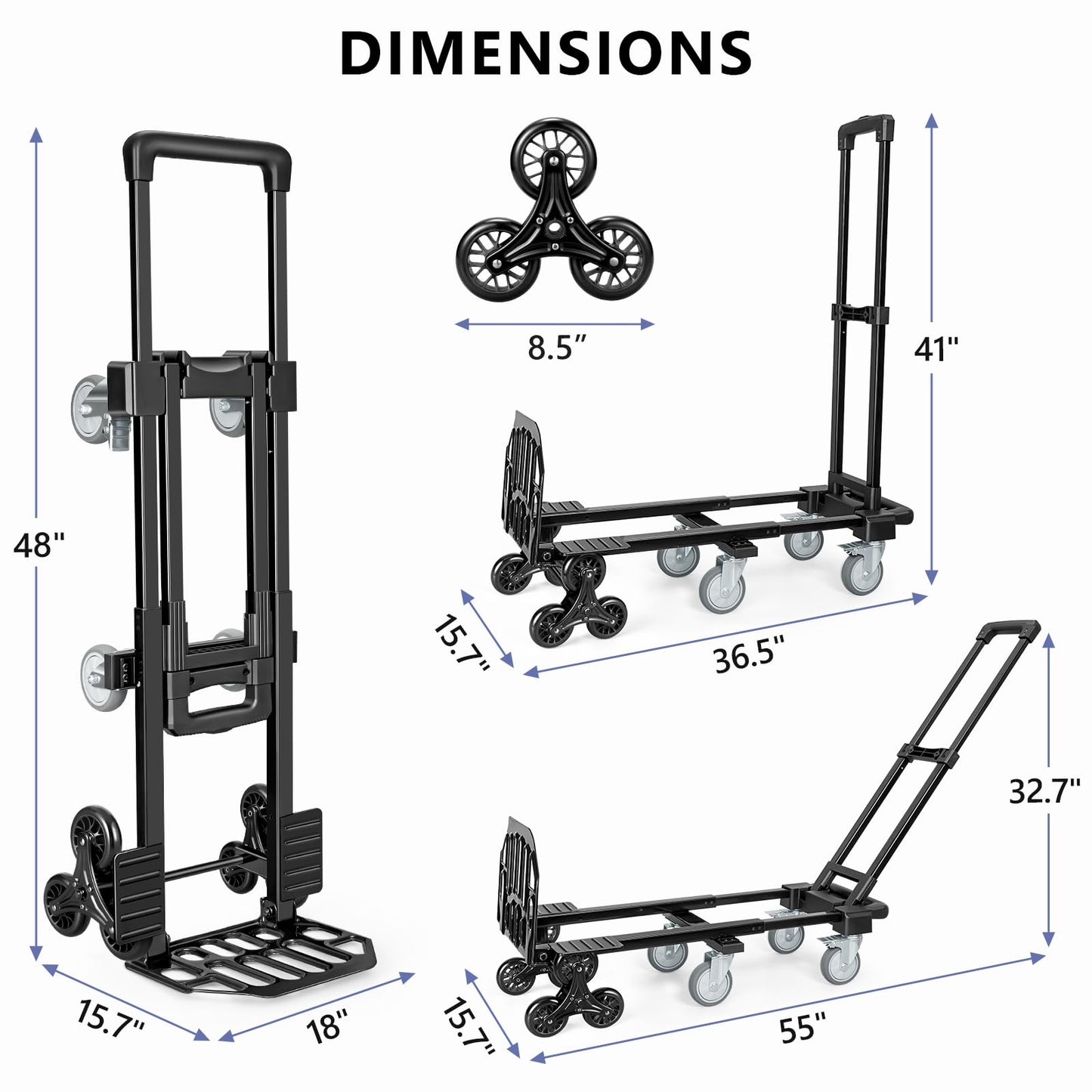 KEDSUM 3-in-1 Convertible Stair Climbing Dolly, 660LBS Heavy Duty Dolly Cart with Wheels, Hand Truck with Adjustable Handle Angle & Expandable Base for Home, Warehouses, 10-Wheel Design with Brakes