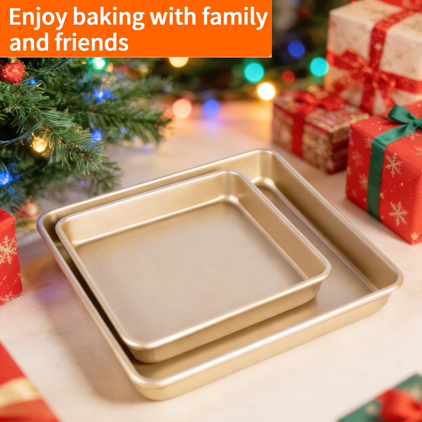 Barlket Square Baking Sheet 11x11 Inch and 9x9 Inch, Heavy Duty Non-Stick Baking Pan 28x28 for Toaster Oven, for Bread, Brownie and Cookie, Heats Evenly and Easy Release, Set of 2, Champagne Gold
