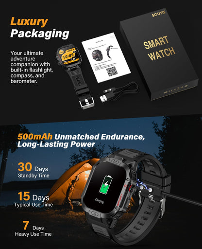 SOUYIE Military Smart Watch for Men Answer/Make Call, 2.02" Outdoor Sport Smartwatch with Flashlight, Heart Rate Blood oxygen Blood Pressure Sleep, 100+ Sport Modes Fitness Tracker for Android and iOS