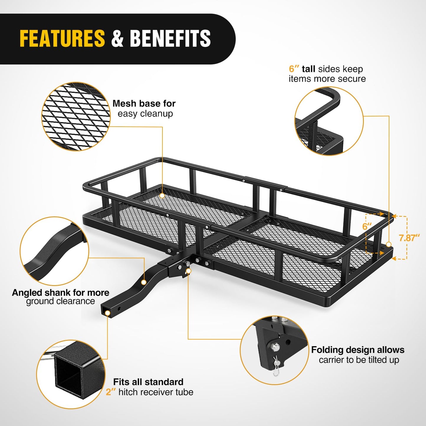 Nilight 60" x 20"x 7.87" Folding Carrier Fits 2-Inch Receiver 500 Lbs Capacity Bag Net Ratchet Straps Lock Stabilizer for SUV Pickup RV Van