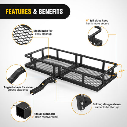 Nilight 60" x 20"x 7.87" Folding Carrier Fits 2-Inch Receiver 500 Lbs Capacity Bag Net Ratchet Straps Lock Stabilizer for SUV Pickup RV Van