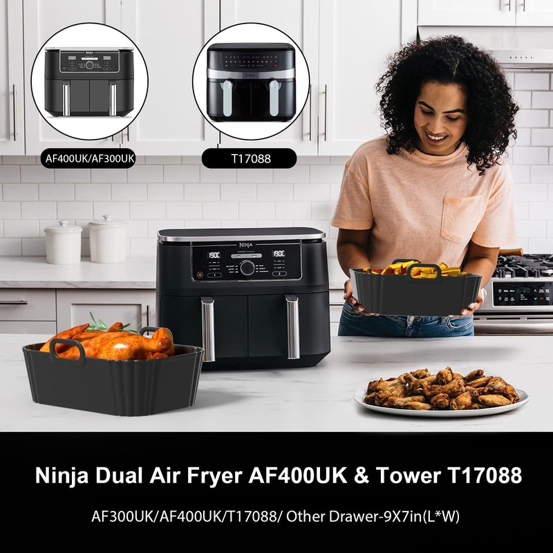 PINTAUR Silicone Air Fryer Liners 2 Pack, Reusable Liners Compatible for Ninja Foodi DZ201, DZ401, DZ550, COSORI, Chefman, Instant Air Fryer, and 6-in-1 8-10QT AirFryer Baskets