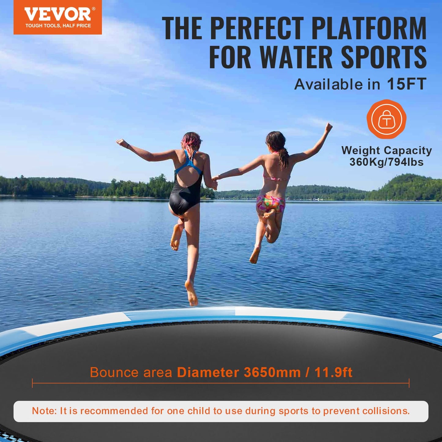 VEVOR Recreational Water Trampoline 15ft, Inflatable Water Bouncer, Portable Bounce Swim Platform with Electric Air Pump & 3-Step Ladder, Kids Adults Floating Rebounder for Water Sports, Pool, Lake
