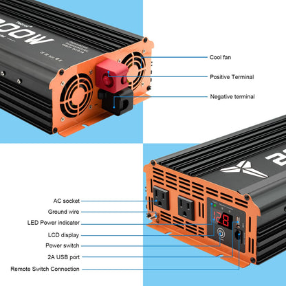 2000W Inverter 12V DC to 110V AC Converter for Home, RV, Truck, Off-Grid Solar Power Inverter with Built-in 5V/2.1A USB, AC Hardwire Port, Remote Controller