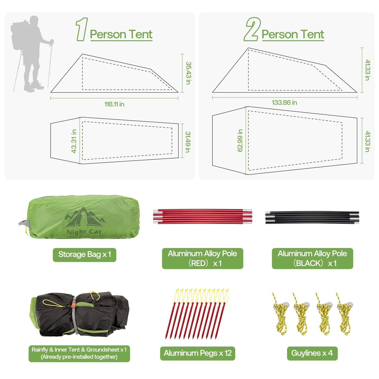 Night Cat Ultralight Tunnel Tent: Waterproof Lightweight Two People Backpacking Tent for Outdoor Camping Hiking Trekking with Double Layers Aluminum Poles and Footprint 2 Persons Green