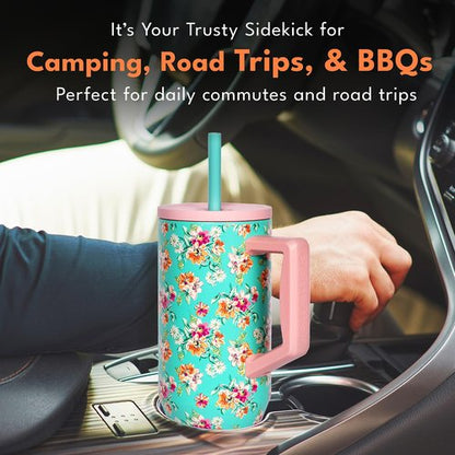 Elemental 40 oz Tumbler with Handle and Straw - Spill Proof Insulated Stainless Steel Commuter for Cold Beverages - Travel Coffee Mug with 2 Straws & Spill Proof Lid - 40oz - Vintage Flower