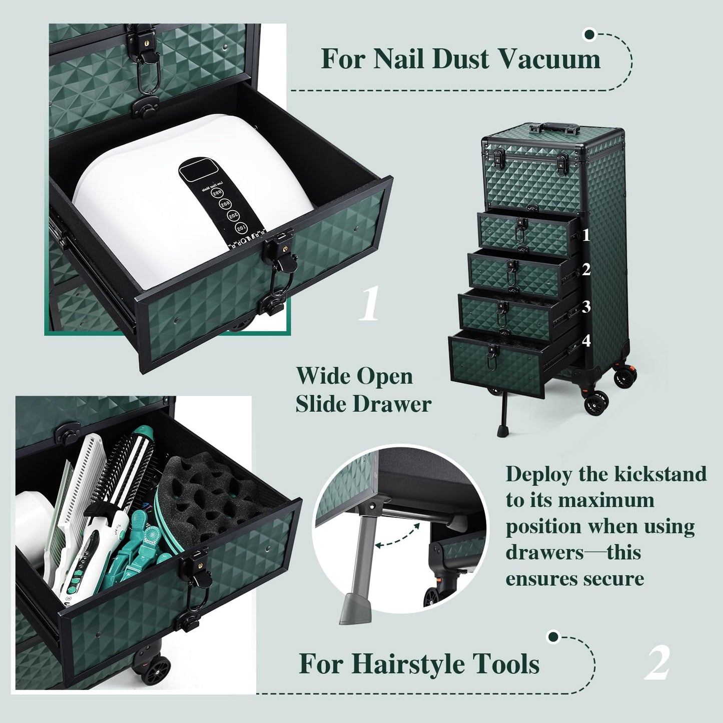 Yueieoun Nail Salon Cart with 4 Drawers,Rolling Makeup Train Case for Beauty,Cosmetology Case on Wheels Trolley Cart,Lockable Organizer Travel Case for Manicure/Face Painting/Hairstylist,DARK GREEN