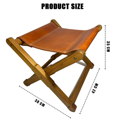 KIDENEI Foldable Leather Stool, Portable Beech Wood Artist Folding Stool, Italian Top Vegetable Tanned Leather Seat, Home Fashion Genuine Leathers Director’s Stools for Home Outdoor Camping Fishing