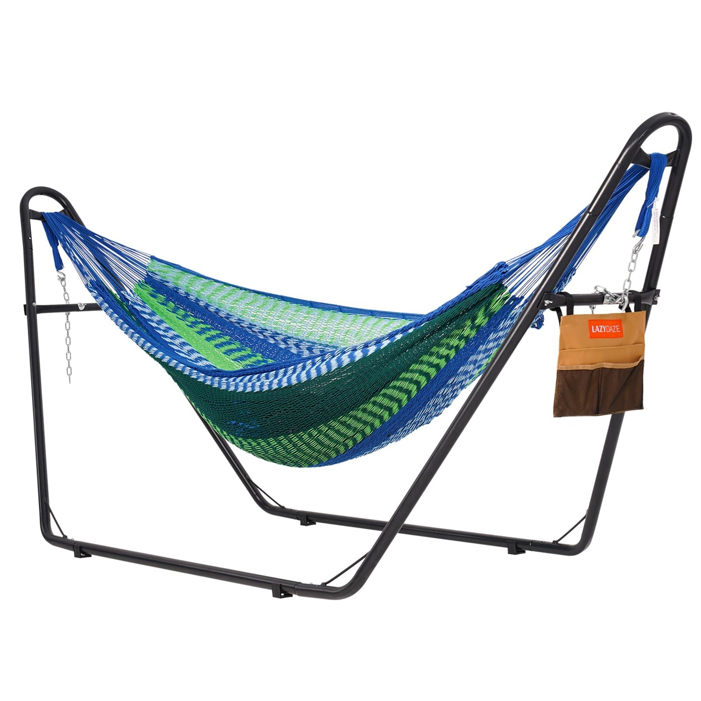 Lazy Daze Hammocks Handwoven Mayan Hammock with Heavy Duty Steel Stand, 10.5 FT Soft Rope Double Hammock for Patio Outside, 550 lbs Weight Capacity, Blue/Green