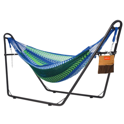 Lazy Daze Hammocks Handwoven Mayan Hammock with Heavy Duty Steel Stand, 10.5 FT Soft Rope Double Hammock for Patio Outside, 550 lbs Weight Capacity, Blue/Green