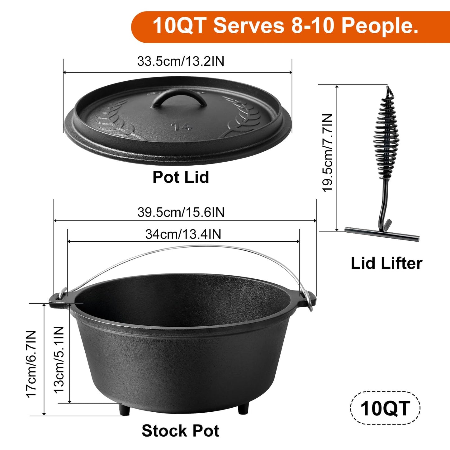 Blingco Pre-Seasoned Cast Iron 10QT Camp Dutch Oven with Lid, Large Camping Dutch Oven Pot, incl. Lid Lifter - Dual Handles - for Outdoor Campfire, Grill, Oven&Stovetop Cooking - Black
