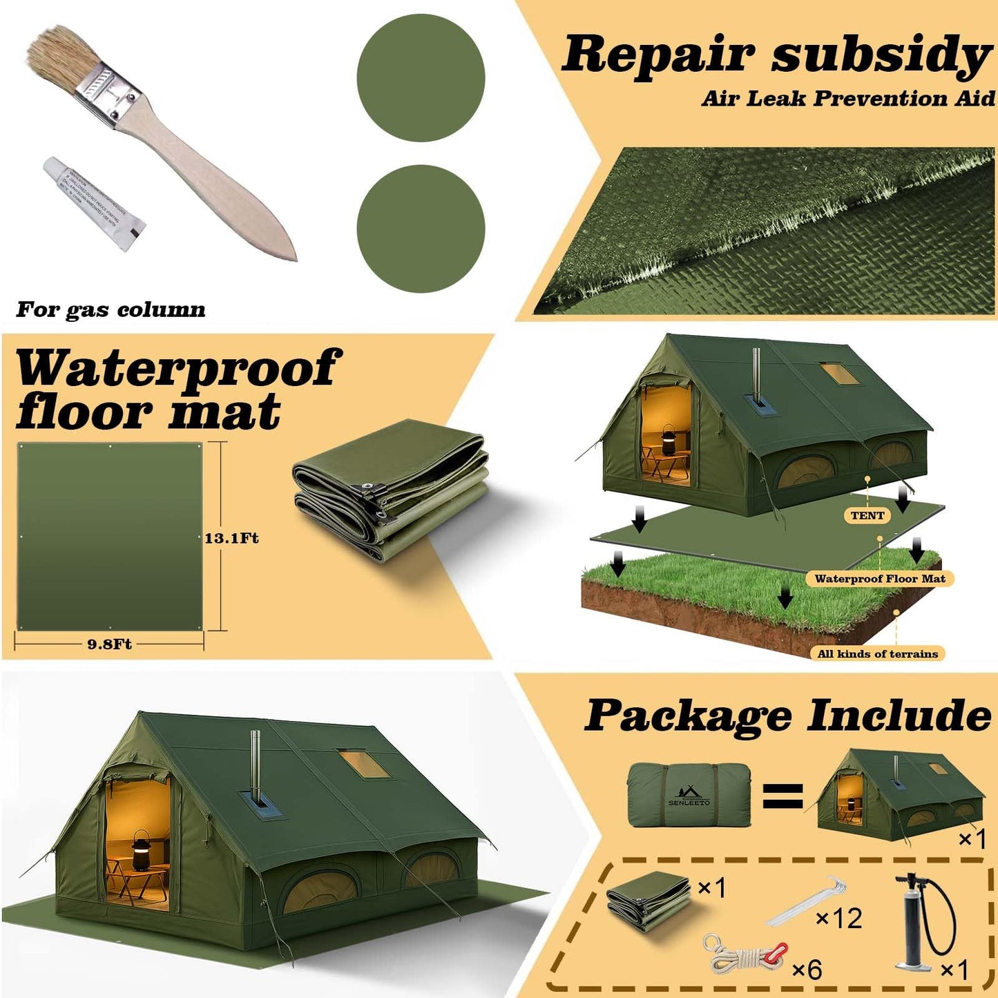 13' x 10' Large Inflatable Tent for Camping 8-10 Person, 4 Season Blow Up Tents with Waterproof Canopy & Moisture-Proof pad, Glamping Inflatable Hot Tent with Stove Jack and AC Vent for Outdoors
