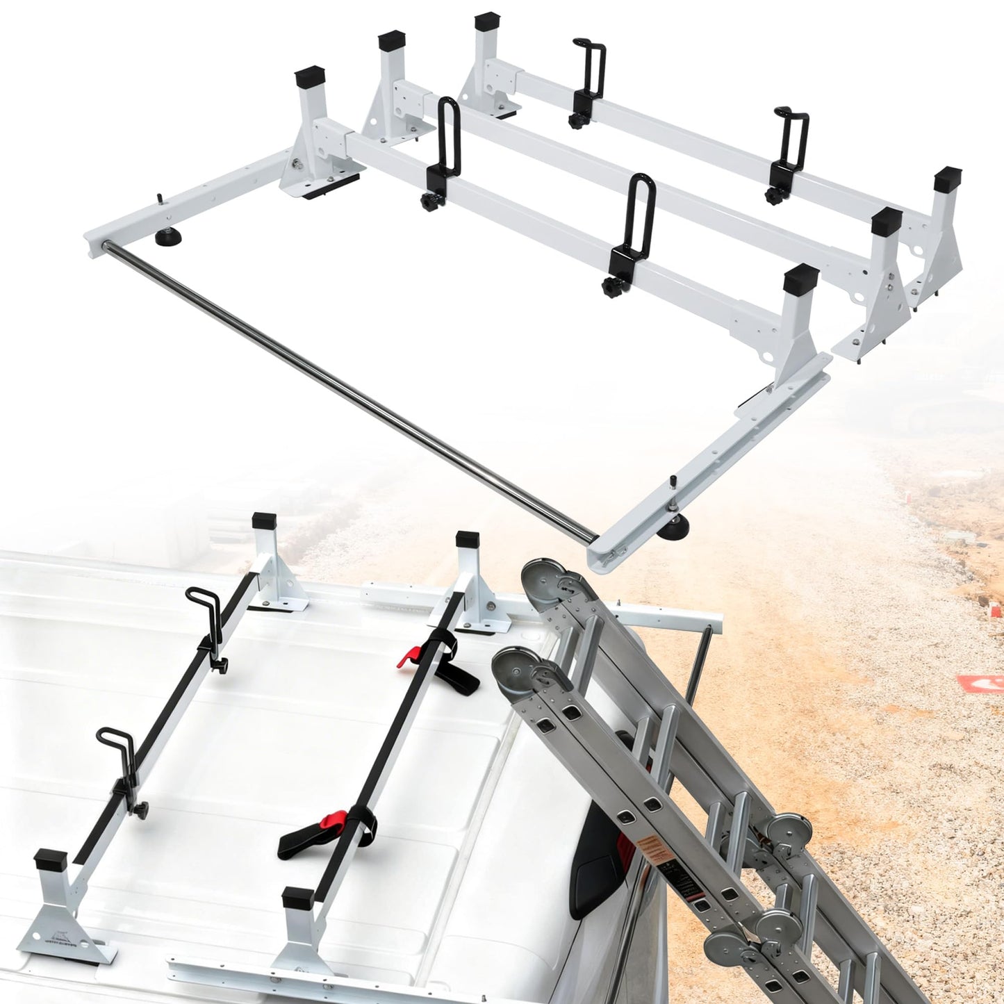 MELIPRON Van Roof Ladder Rack with Rear Roller Fits for 2013-2026 RAM ProMaster, Steel Cargo Van Rack with Anti-Rust Coating, Ideal for Transporting Ladders, Pipes