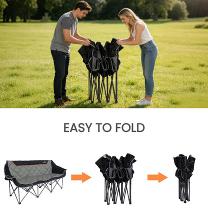 FAIR WIND Oversized 3 Person Camping Chair Padded Triple Loveseat Folding Camping Couch Duo Chair Heavy Duty Quad Fold Arm Chair with Cup Hold - Supports 900 LBS Black