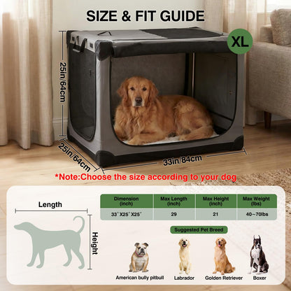 33 x 25 x 25 Inch Collapsible Soft Dog Crate for Dogs Up to 70 lbs, Portable Travel Pet Kennel with 4 Zip Doors, Foldable Indoor Outdoor Crate with Mat, Carry Bag, Grey