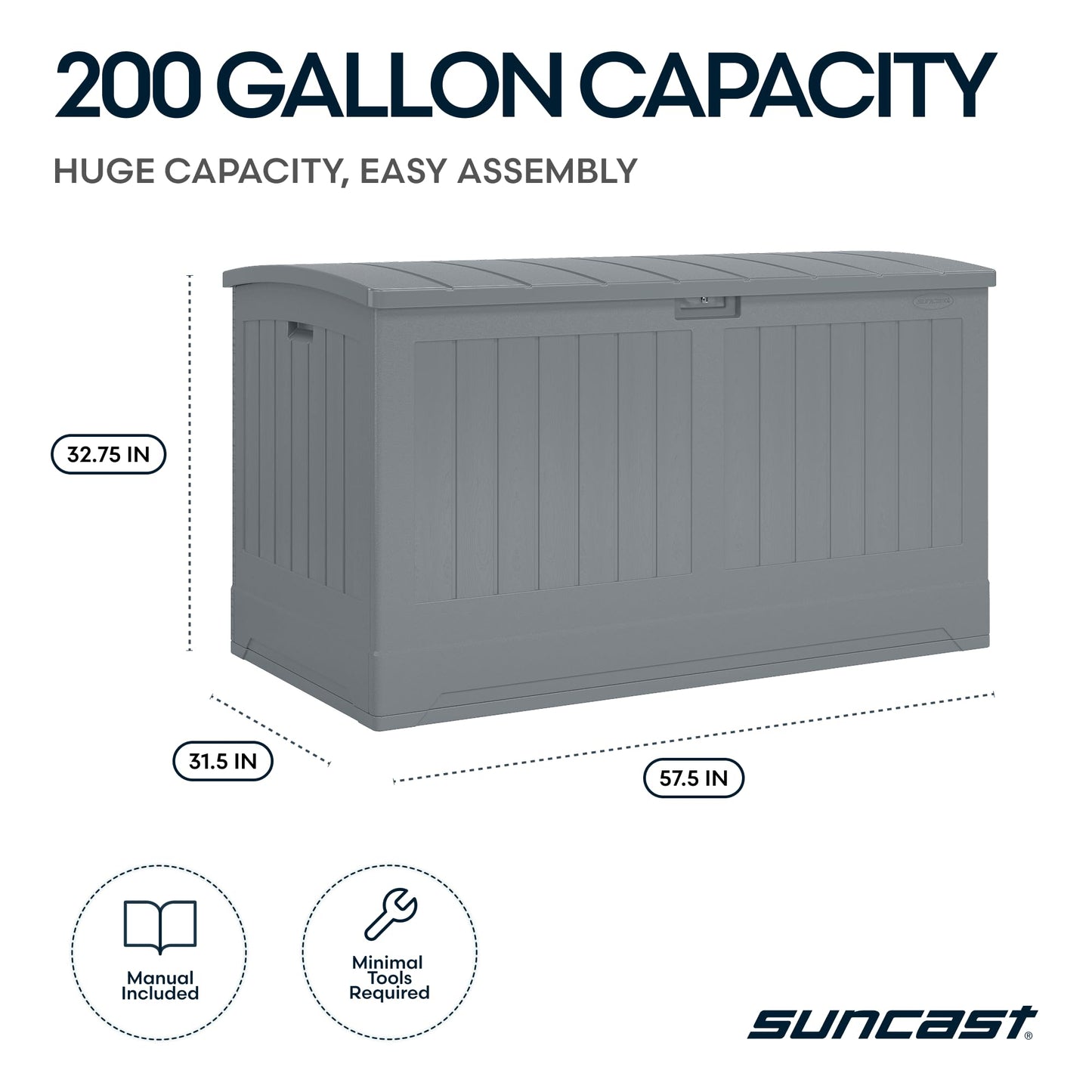 Suncast 200-gal. All-Weather Patio Deck Box, Made in the USA, with Pad-Lockable Lid, Extra-Large Outdoor Storage Unit for Patio Furniture and Grill Tools, Dove Gray Color