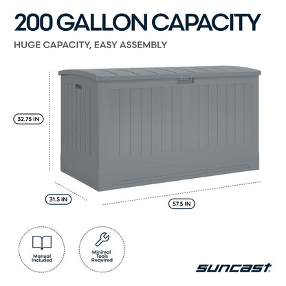 Suncast 200-gal. All-Weather Patio Deck Box, Made in the USA, with Pad-Lockable Lid, Extra-Large Outdoor Storage Unit for Patio Furniture and Grill Tools, Dove Gray Color