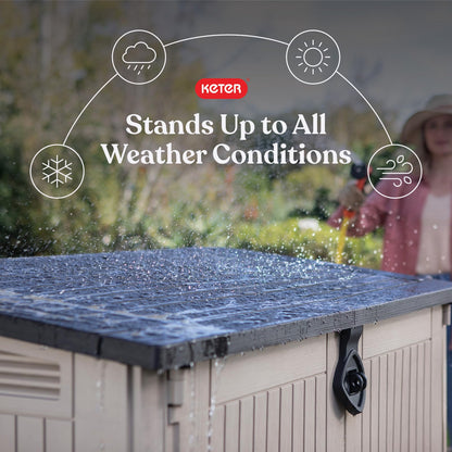 Keter Store-It-Out MIDI Outdoor Resin Storage Shed – Weather-Resistant Horizontal Cabinet for Trash Cans, Garden Tools & Patio Accessories – Lockable, Easy-Lift Lid, 30 Cu. Ft. Capacity, Beige
