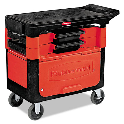 Rubbermaid Commercial Products Trades Tool Utility Cart Locking Cabinet with 2 Parts Boxes and 4 Parts Bins 330 lb. Capacity 5" Casters Black for Warehouse/Garage/Cleaning/Maintenance