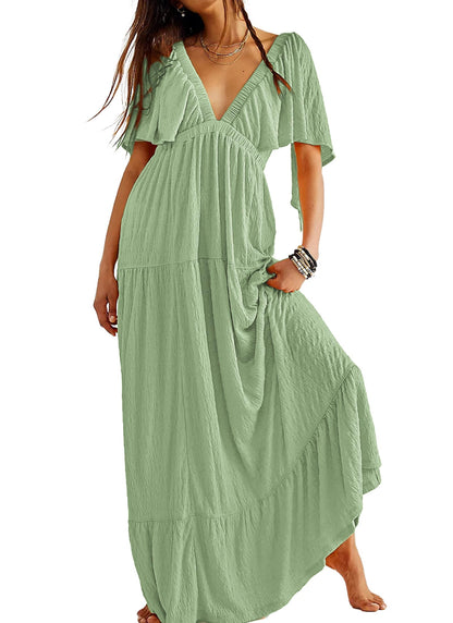 Kikibell Women Summer Dresses Sexy V-Neck Maxi Dress Tiered Silhouette with Flutter Sleeve Backless Elastic Waist Flowy Dress