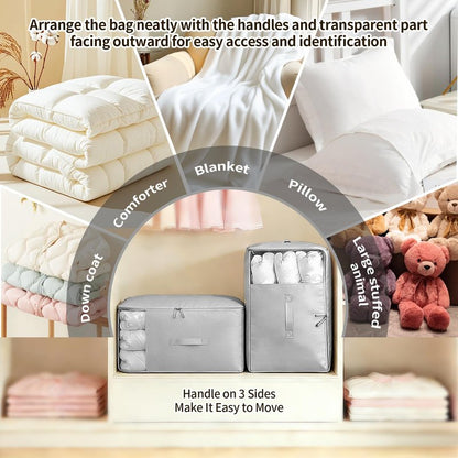 2 Pack Upgrade Comforter Storage Bag with Handle, Space Saving 3-Layer Adjustable In 3 Sizes (142L, 107L, 71L), Compression Blanket Storage Bags, Washable Bedding Organizer For Pillow Duvet Clothing
