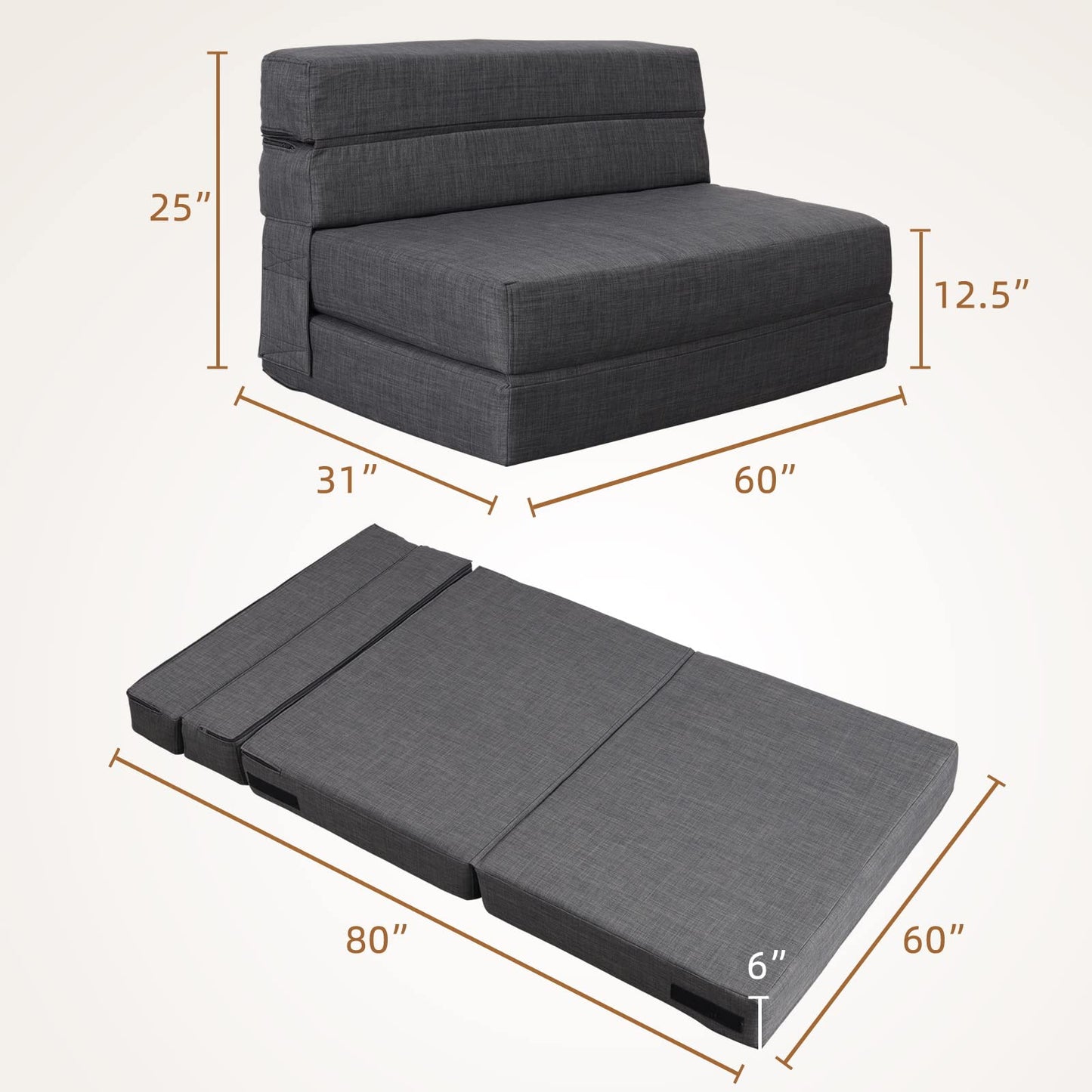 Nigoone Queen Size Folding Sofa Couch Memory Foam with 2 Pillows Sleeper Chair Lazy Couch Triple Futon Convertible Guest Beds, Washable Cover, Dark Gray