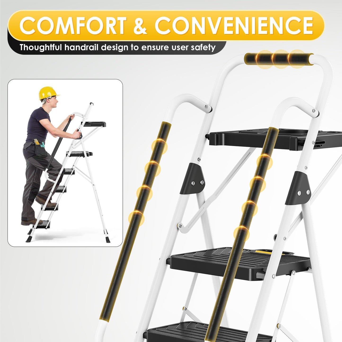 TOOLF 5 Step Ladder, Sturdy Steel Step Stool with Tool Platform, Anti-Slip Wide Pedals, Handrail, Safe-Lock Design, Folding Portable Ladder for Home, Kitchen, Pass 800lbs Load Testing, White