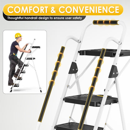 TOOLF 5 Step Ladder, Sturdy Steel Step Stool with Tool Platform, Anti-Slip Wide Pedals, Handrail, Safe-Lock Design, Folding Portable Ladder for Home, Kitchen, Pass 800lbs Load Testing, White