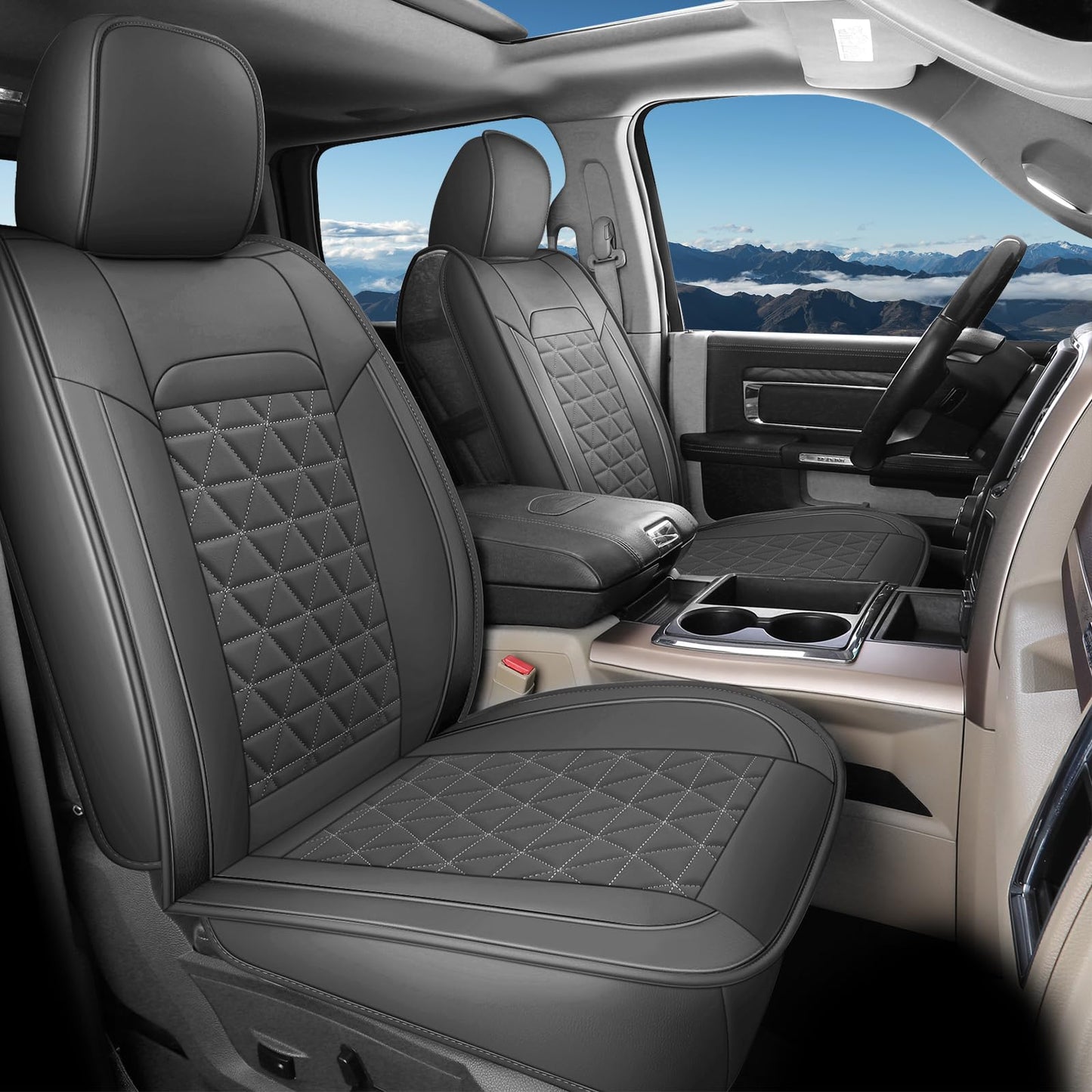 Coverado Leather Car Seat Covers, Waterproof Dooge Ram 1500 Seat Covers Compatible with 2002-2026 Dodge Ram 1500 2500 3500 with Flat Bench (Full Set, Dark Gray)