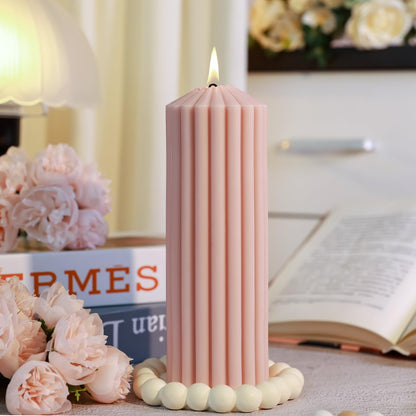Pink Ribbed Pillar Candle Set of 3 - Wild Bluebell Scented Soy Wax Candle,Aesthetic Decorative Textured Pillar for Home Decor-2.8x4,6,8in Long Lasting Fragrance for Mother’s Day Gifts,Spa,Wedding