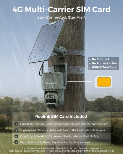 REOLINK 4K Dual Lens 4G Cellular Trail Camera, Wireless Auto Tracking Security Camera Outdoor, 6X Hybrid Zoom, No-Glow IR, SIM Card Included, Waterproof for Wildlife, TrackMix LTE Trail+Solar Panel 2