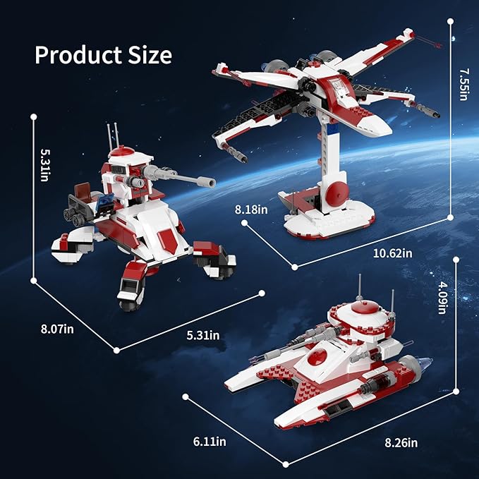 3 in 1 Space Vehicle Building Set - Buildable Space Fighter Galactic Battle Tank Anti Vehicle Cannon Compatible with Lego Great Birthday Gift Toy for Star Fans Kids Boys Girls Ages 6+