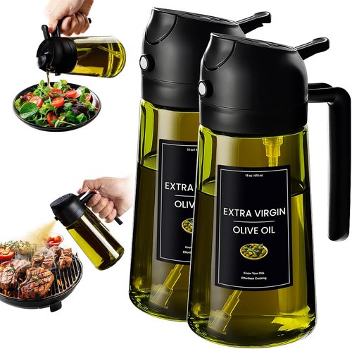 CXINYI - 16oz Olive Oil Dispenser with Stickers | 2-in-1 Sprayer for Cooking & Salad - 2 Black