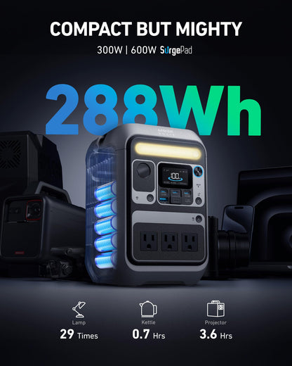 Anker Portable Power Station SOLIX C300, 288Wh LiFePO4 Backup Battery, 300W Solar Generator, 140W Two-Way Fast Charging, for Camping, Hunting, Travel, Blackout & Emergencies (Solar Panel Optional)