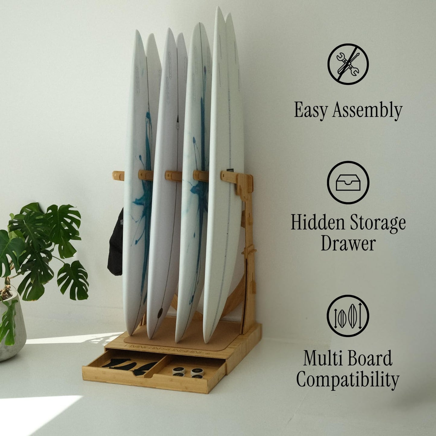 LISS Spirit Rack, Vertical Surfboard Rack Stand Holder for 3 & 4 Boards, Indoor Surf Rack Storage Display for Longboard, Shortboard, Snowboard, Wakeboard, Skateboard Up to 10Ft Long