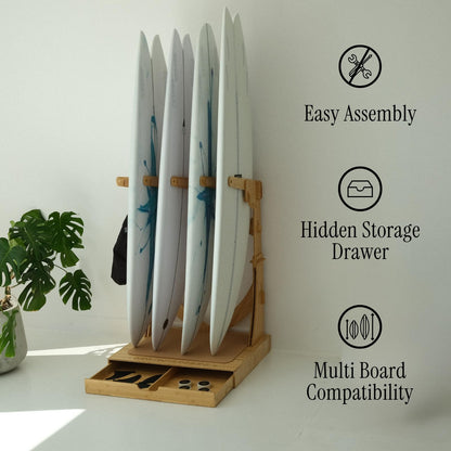 LISS Spirit Rack, Vertical Surfboard Rack Stand Holder for 3 & 4 Boards, Indoor Surf Rack Storage Display for Longboard, Shortboard, Snowboard, Wakeboard, Skateboard Up to 10Ft Long