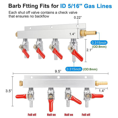 WELLBOM CO2 Manifold, 4-Way CO2 Gas Distributor O.D 5/16'' Barb Fitting Beer Keg Gas Manifold Kegerator CO2 Splitter with Integrated Check Valves & 5PCS Hose Clamps